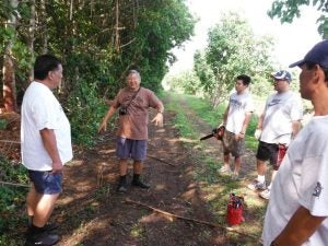 Group of five men talking