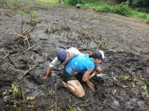 Two people playing in the mud