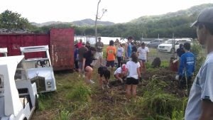 Group of people passing garbage in a line