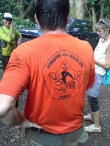 trail33 Back of shirt that says Foresty and Wildlife Hawaii
